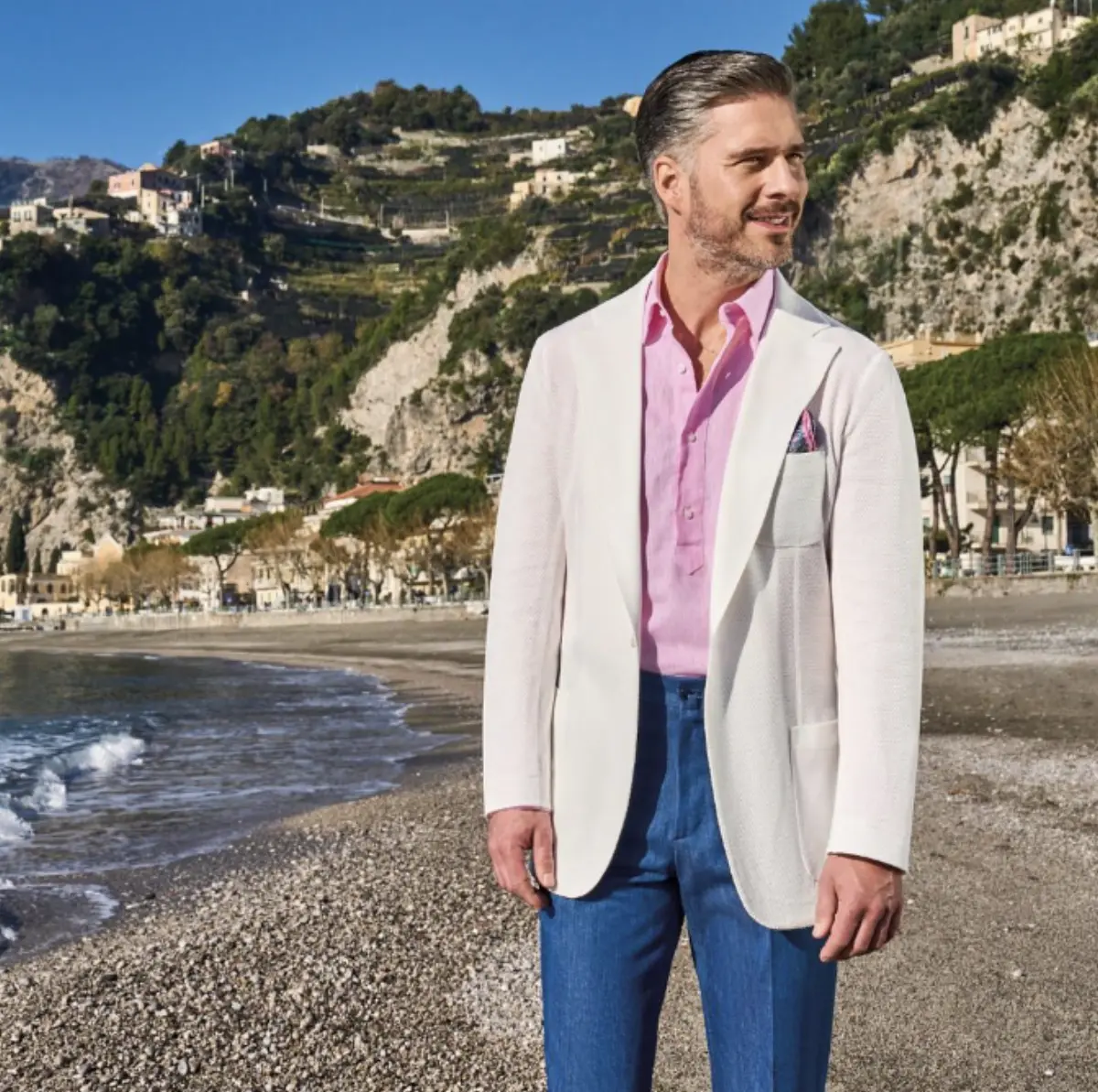 Ariston cream blazer with pink shirt on Mediterranean beach — summer suiting fabric