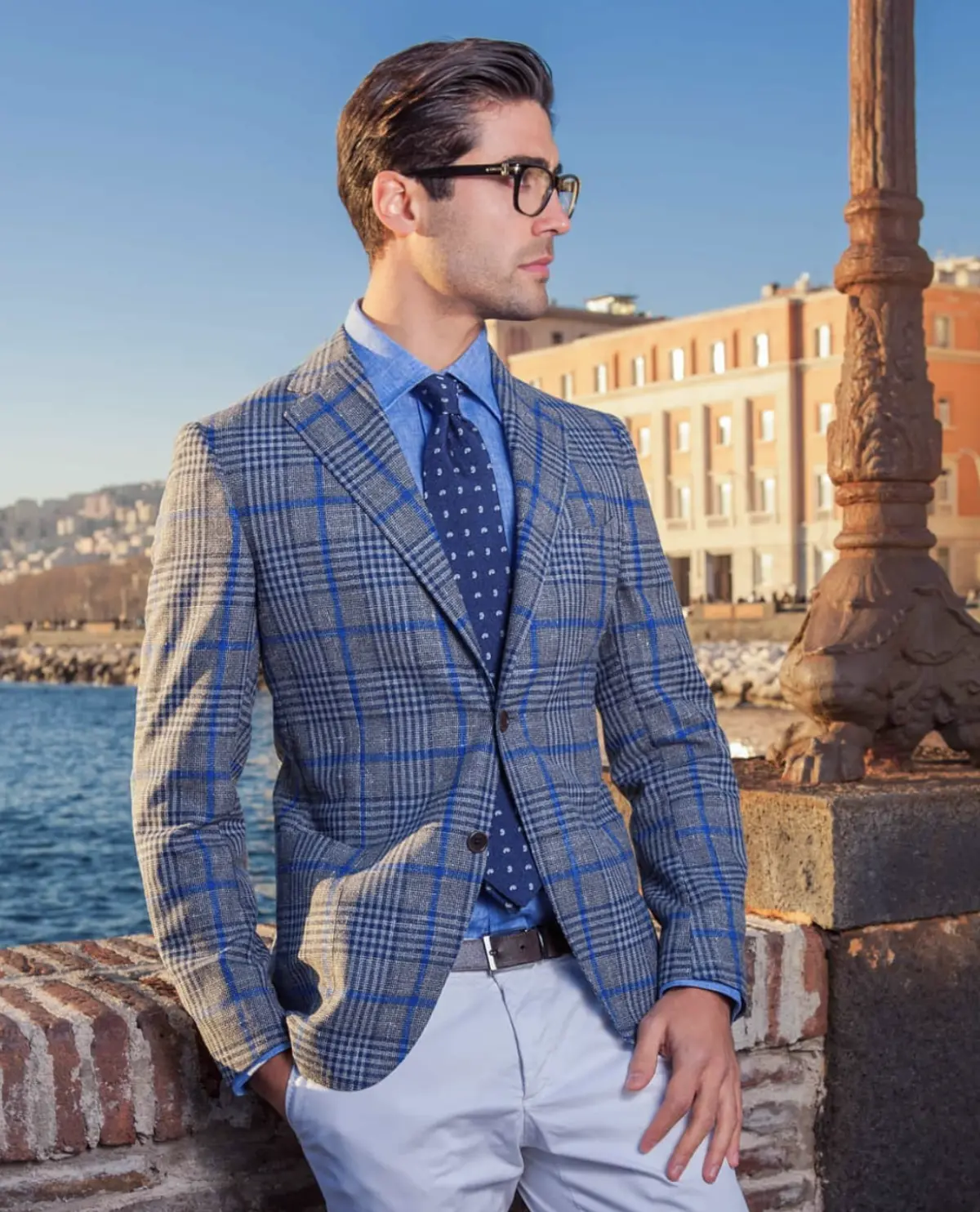 Ariston blue plaid suit jacket by European waterfront — Biella fabric collection