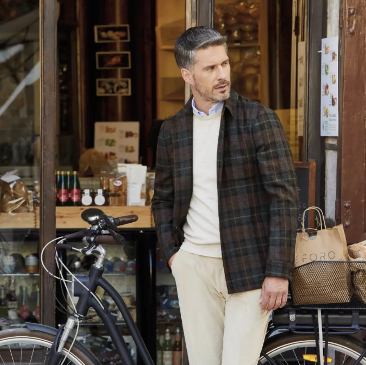 Ariston tartan blazer styled on urban street — luxury Italian fabric
