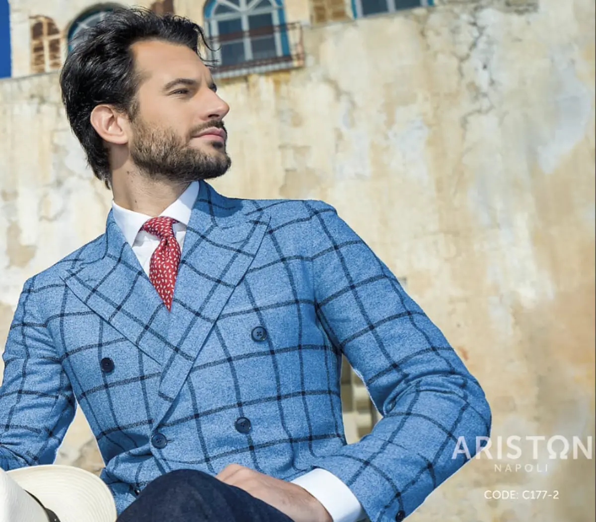 Ariston Napoli windowpane blue suit with red tie — Italian craftsmanship fabric