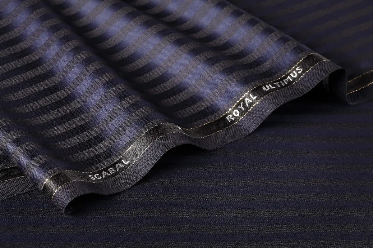 Scabal Royal Ultimus luxury suiting fabric with metallic chain detail on dark navy weave