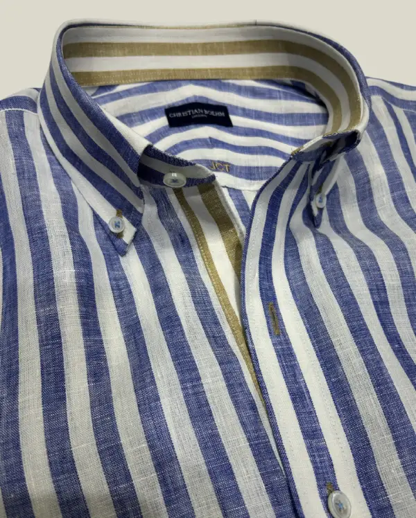 Christian Böhm custom blue and white striped dress shirt with contrast interior details