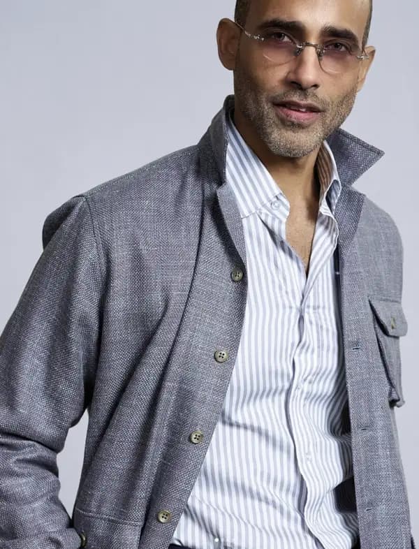 Gray-blue textured shirt jacket overshirt with flap pocket