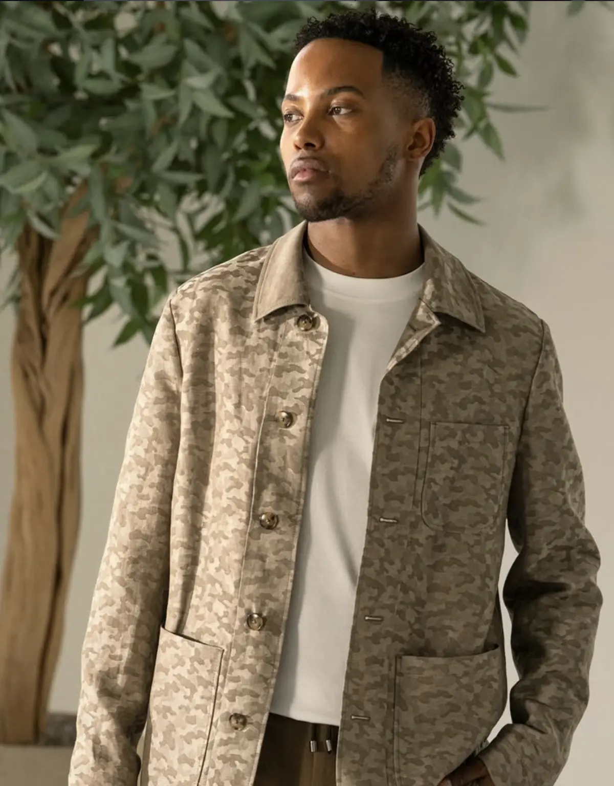 Tan camouflage chore-style shirt jacket overshirt with patch pockets