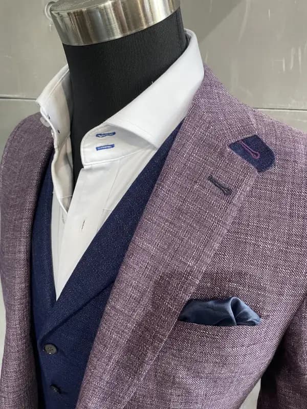 Custom purple dress shirt with decorative contrast placket and cream blazer, Bespoke By CB Miami