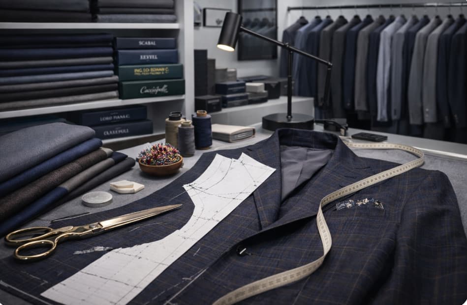 Close-up of hand-stitched suit lapel and buttonhole detailing by Bespoke By CB