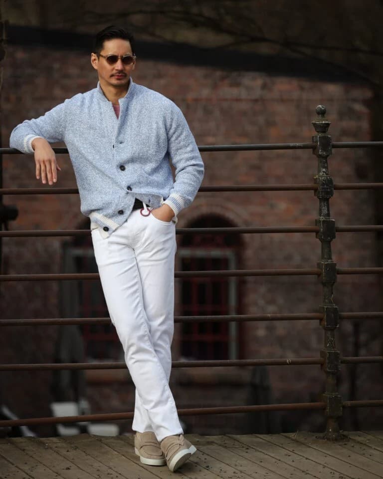 White jeans styling styled with custom menswear by Bespoke By CB Miami