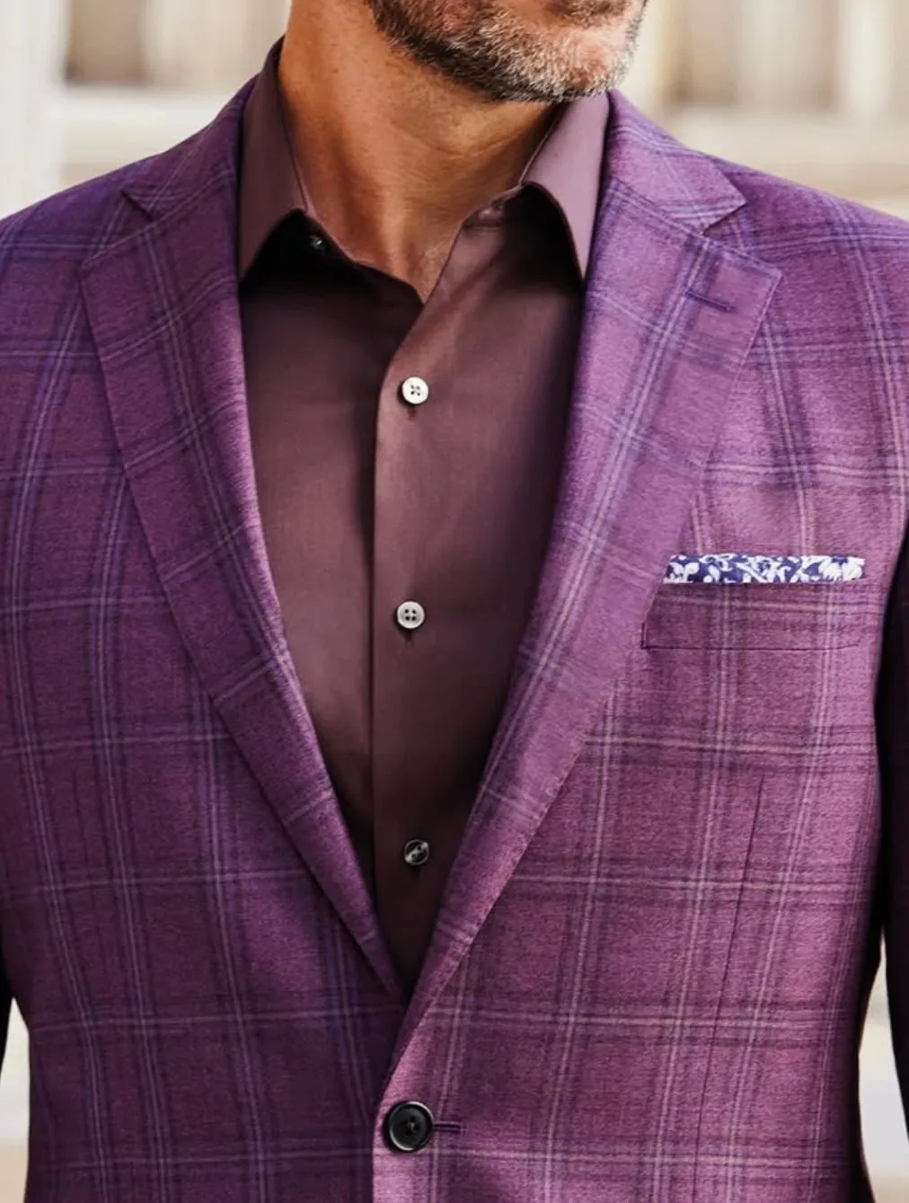 Custom purple plaid sport coat in Gladson Bamboo III fabric, showing windowpane check pattern, notch lapel, and blue pocket square