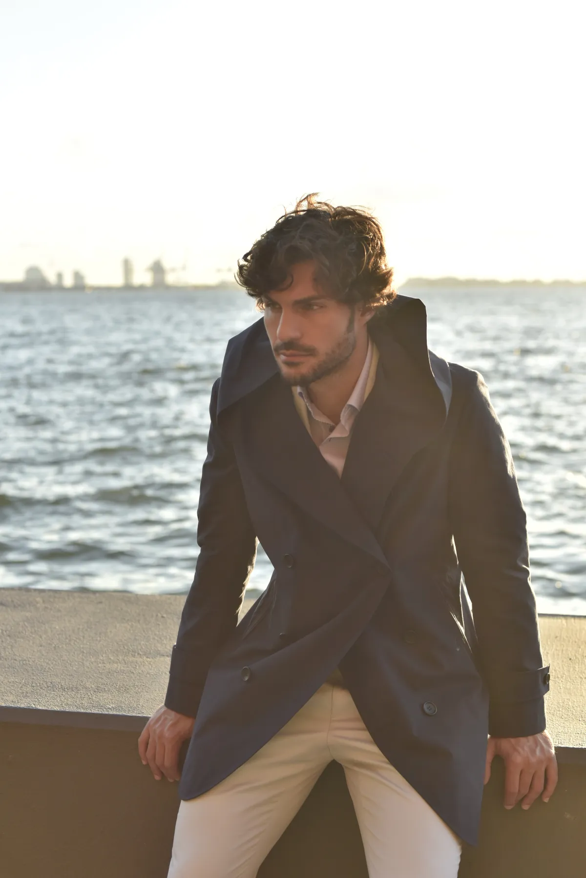 Custom navy hooded trench coat by Bespoke By CB Miami & Fort Lauderdale — double-breasted raincoat