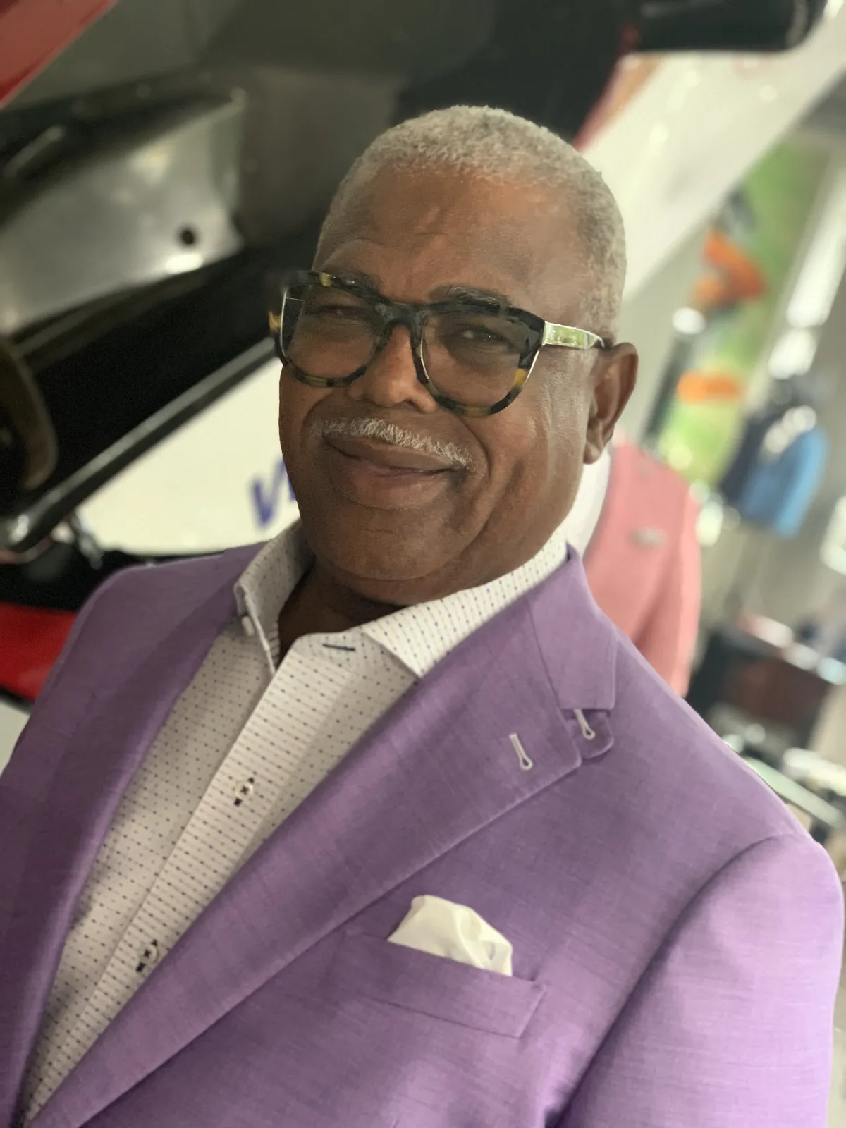 Lavender textured blazer in the Bespoke By CB showroom, an elegant dinner jacket for cruise formal nights.