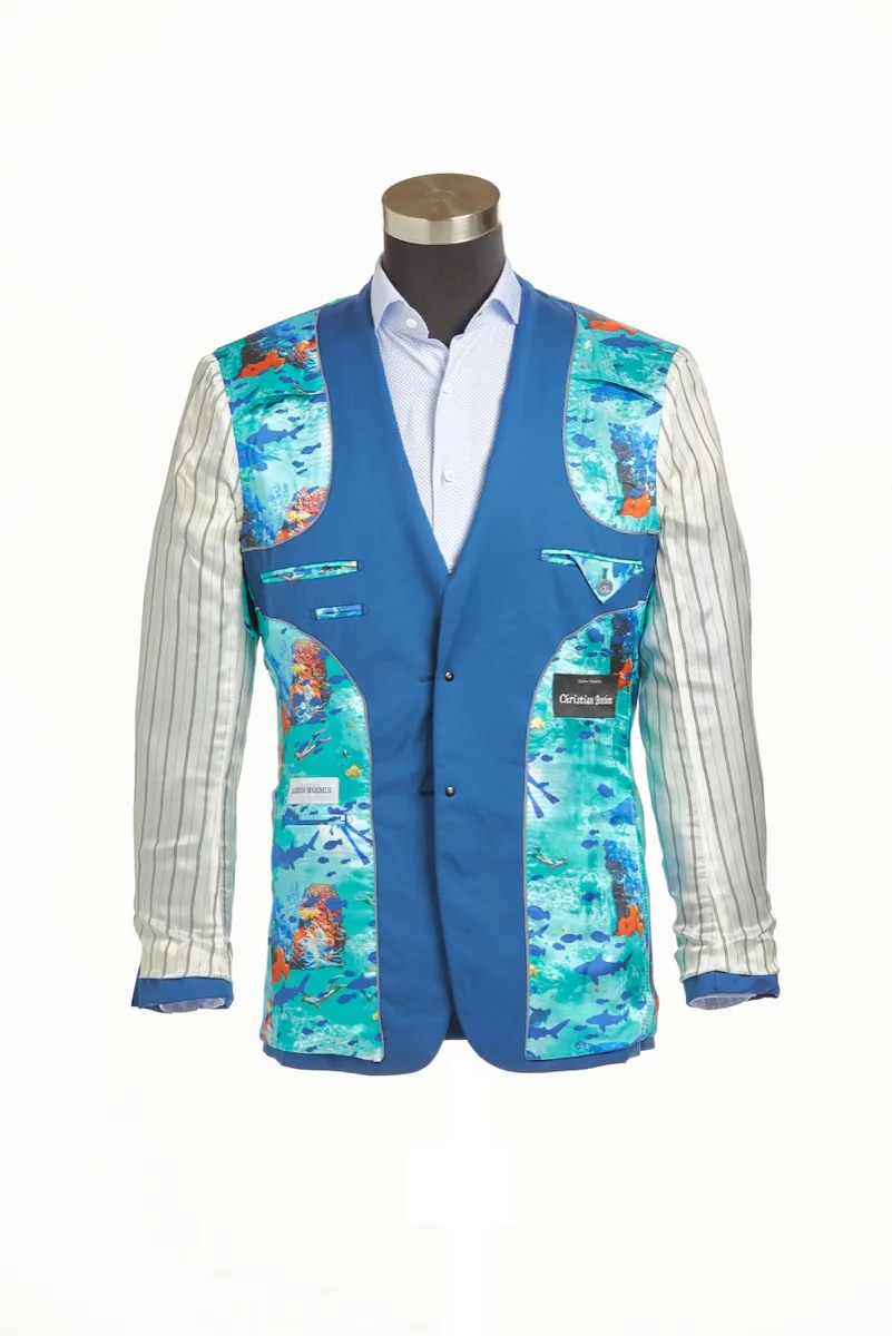Bespoke jacket on mannequin showing custom ocean shark and coral reef lining inside, Bespoke By CB Miami