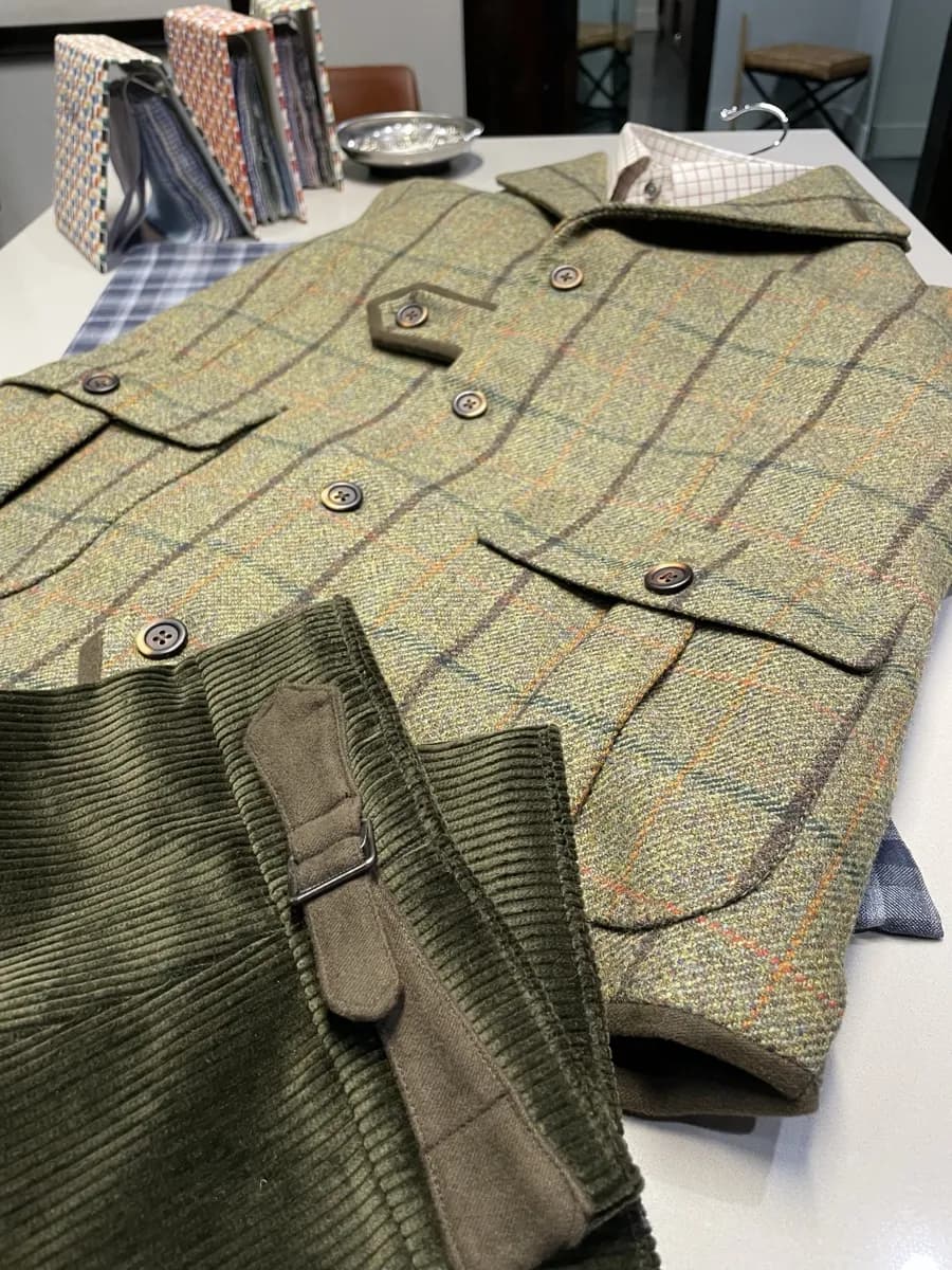 Custom tweed overcoat with plaid trousers by Bespoke By CB Miami & Fort Lauderdale