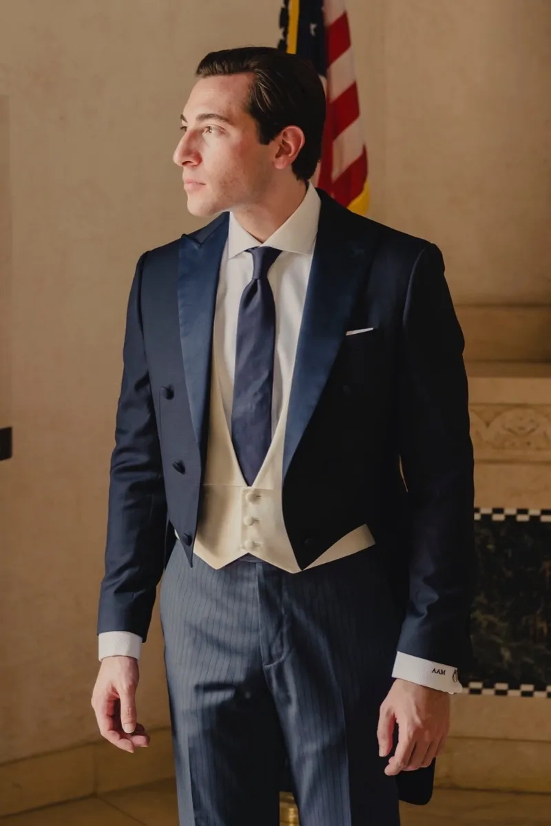 Custom navy tailcoat with satin peak lapels by Bespoke By CB Miami & Fort Lauderdale
