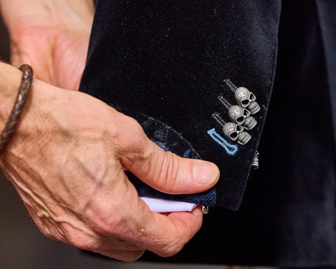 Custom velvet jacket with skull buttons and embroidered detail by Bespoke By CB Miami & Fort Lauderdale