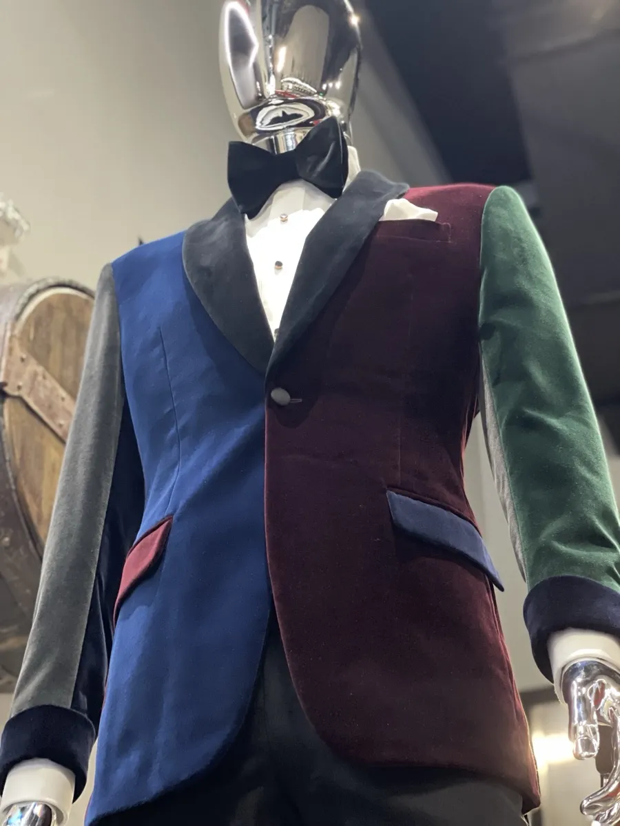 Custom harlequin patchwork tuxedo jacket by Bespoke By CB — blue burgundy green and gray panels with velvet accents
