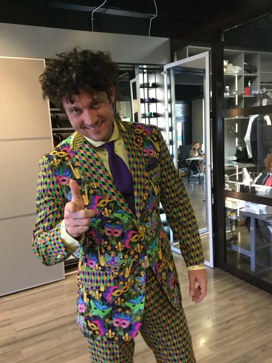 Custom Mardi Gras suit by Bespoke By CB — purple green and gold harlequin pattern with masks and fleur-de-lis