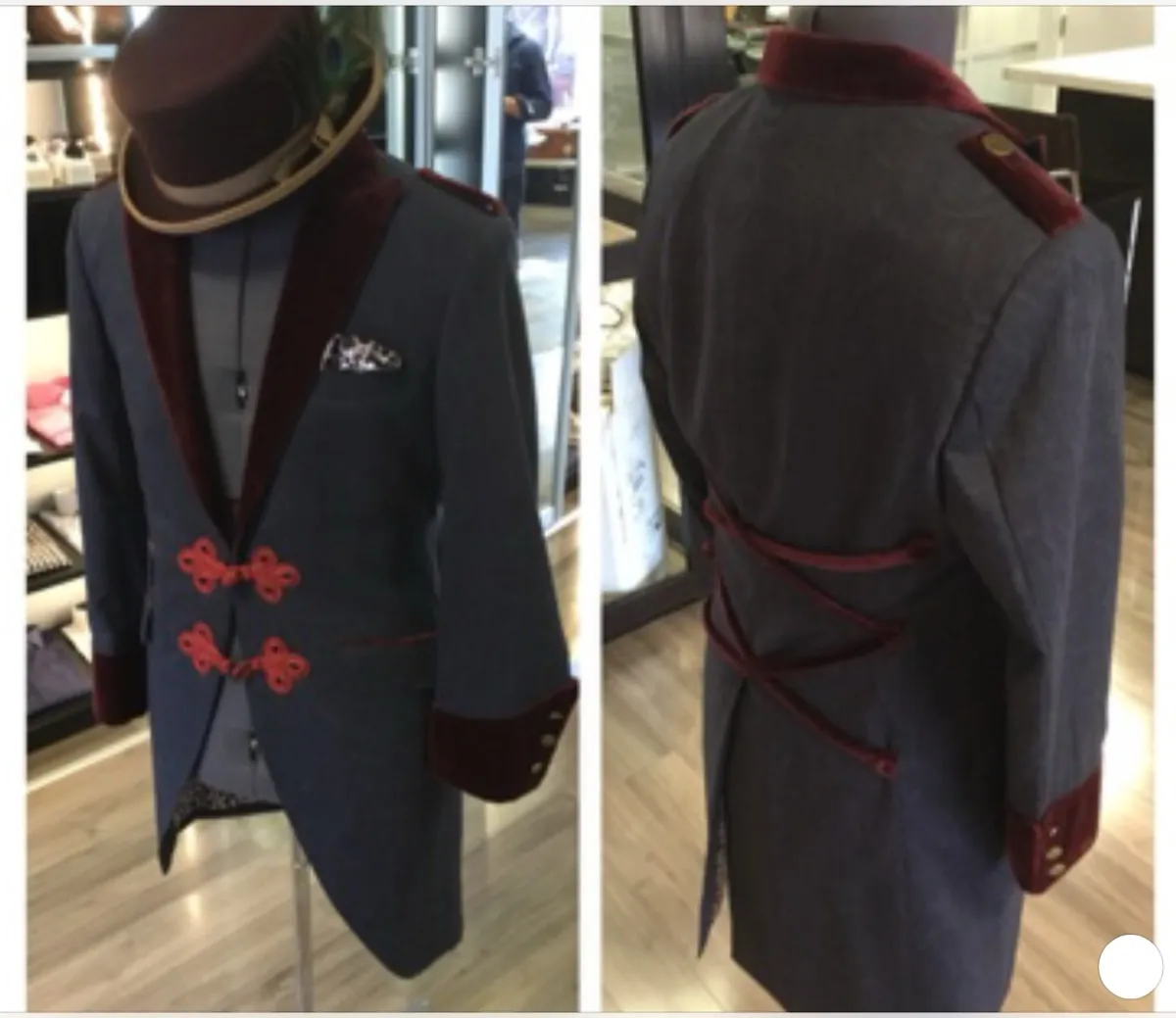Custom steampunk military tailcoat by Bespoke By CB — gray coat with burgundy velvet lapels red frog closures and back lacing
