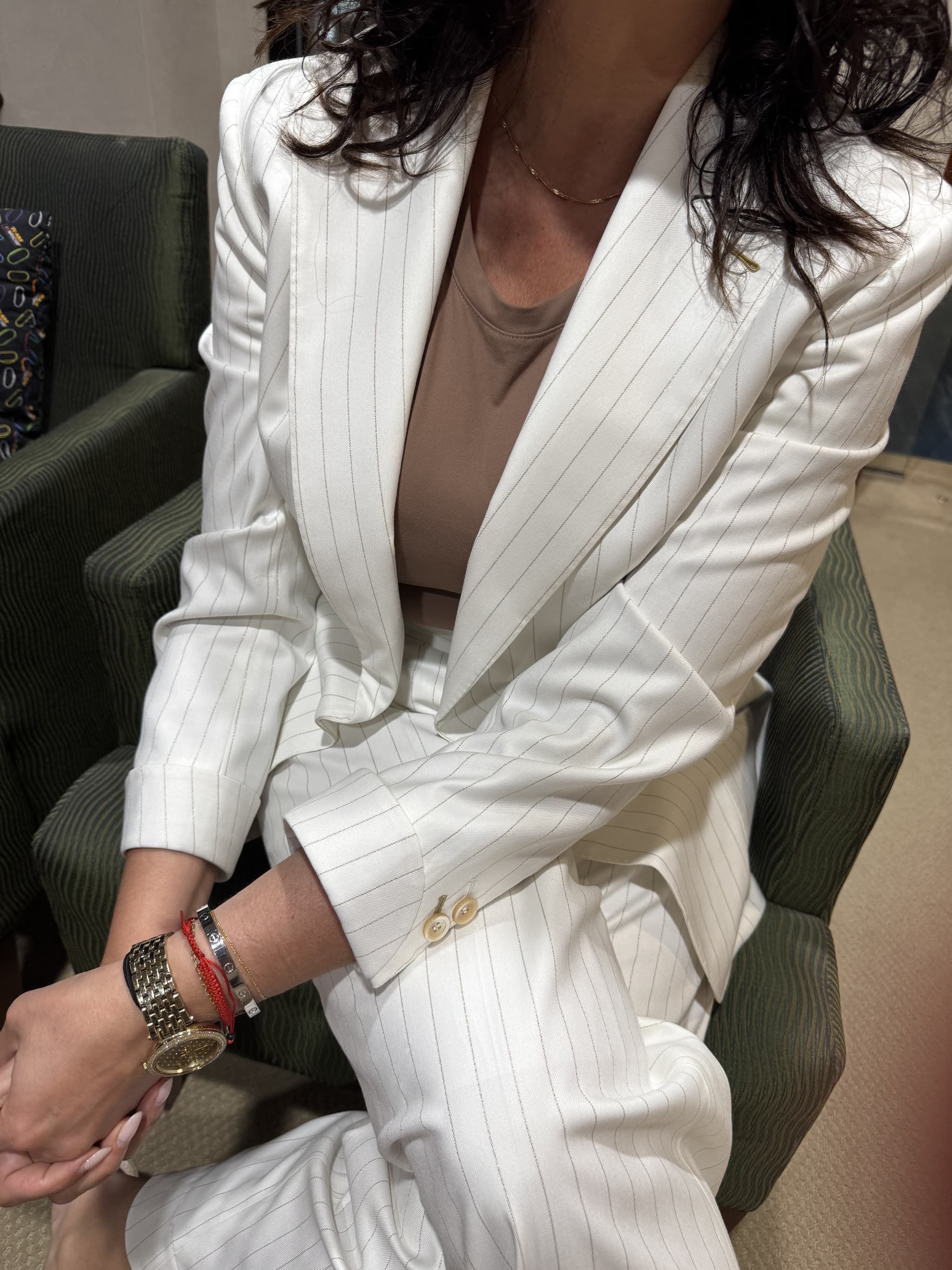 Women's custom white pinstripe suit by Bespoke By CB, tailored in Miami, FL